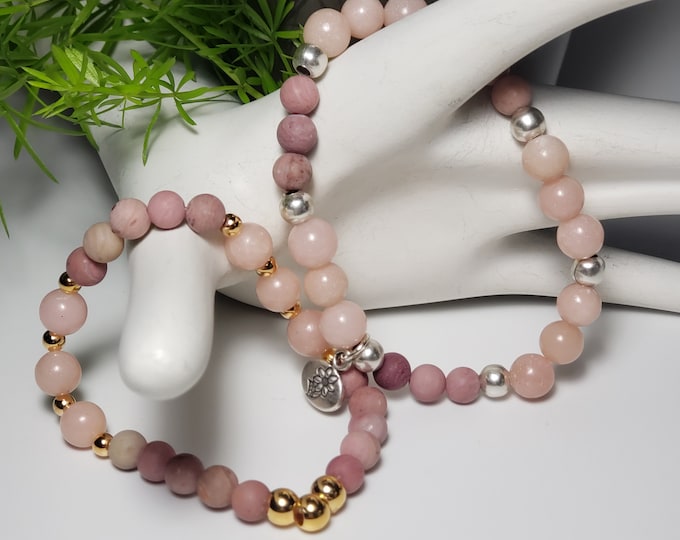 Opal Handcrafted 2 Elastic Stack 8mm Pink Opal and Pink Rhodonite Bead Bracelets with Gold and Silver Plate Bead Spacer Beads and Charm