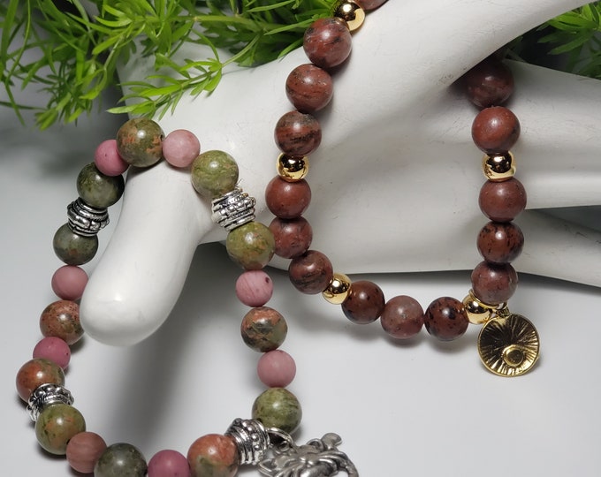 Morganite Handcrafted Elastic 8mm Stack Morganite, Unakite, 6mm Rhodonite, 2 Bracelets 1 SP Spacers Cat & 1 GP Spacer Disc Charm