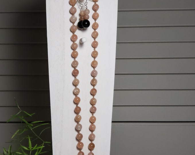 Hand Knotted Peach Moonstone 8mm Rd. Bead Necklace with 32mm x 21mm Ocean Jasper Teardrop