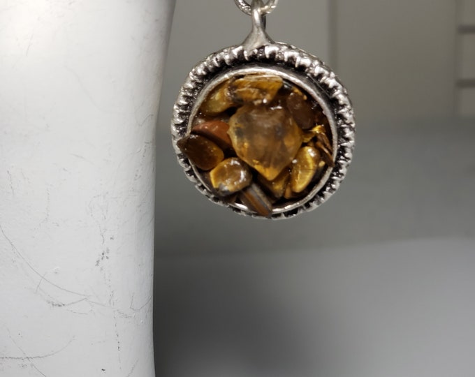 Tiger Eye Natural Crystal Pendant with Citrine Crystal Nugget  on Silver Plate Free Adjustable SP Chain 22 inches length