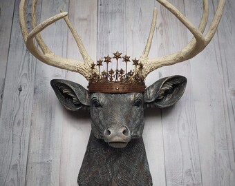 Faux Taxidermy Deer Head with Crown, Stag Wall Mount