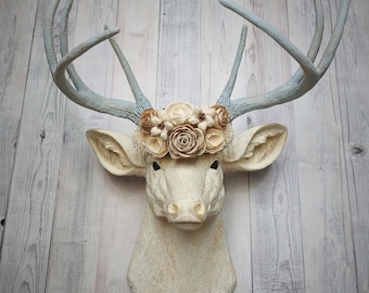 Faux Taxidermy Floral Crowned Deer Head Wall Mount, Stag Head Art