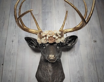 Faux Taxidermy Floral Crowned Deer Head Wall Mount, Fake Stag Head Art