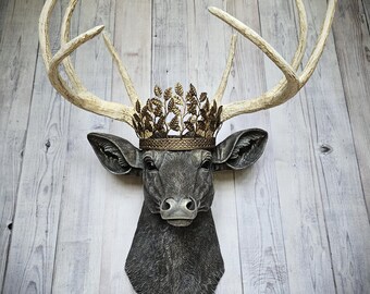 Faux Taxidermy Deer Head with Leaf Crown,  Stag Wall Mount