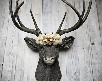 Faux Taxidermy Deer Head Wall Mount, Floral Crowned Stag Wall