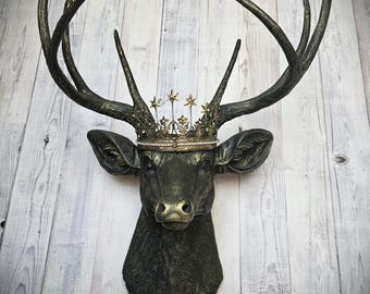 Faux Taxidermy Deer Head Wall Mount, Black Stag Head with Crown