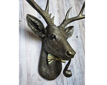 Faux Taxidermy Deer Head Wall Mount, Stag with Smoking Pipe and Bow Tie