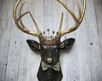 Faux Taxidermy Deer Head, Stag Head Wall Mount with Crown and Bow Tie