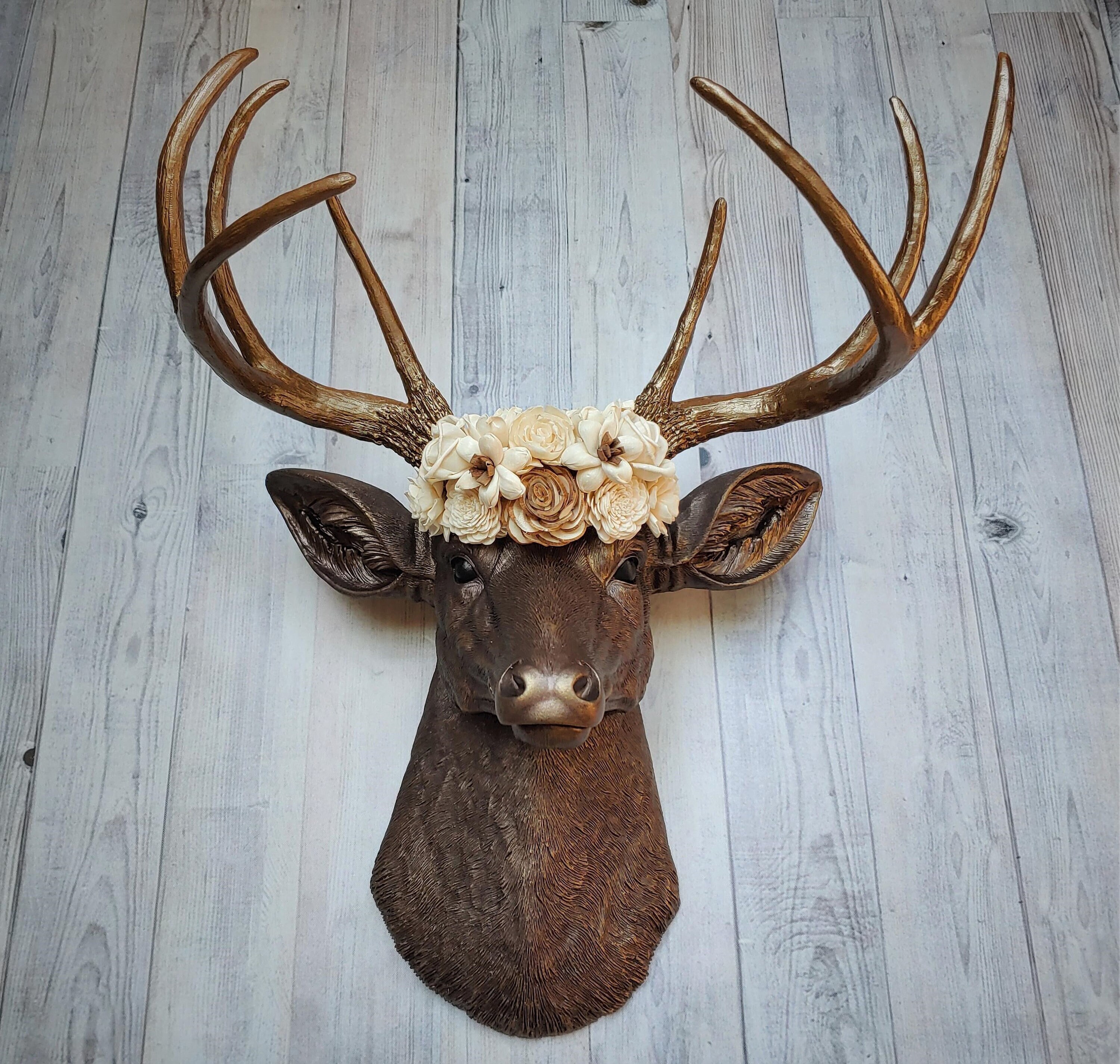 Faux Taxidermy Deer Head Wall Mount, Stag with Floral Crown