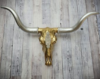 Faux Taxidermy Longhorn Steer, Jeweled Cow Skull