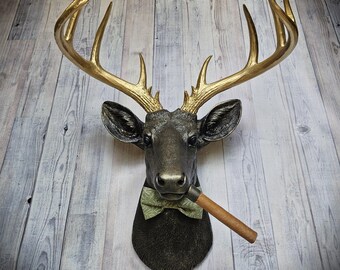 Faux Taxidermy Deer Head Wall Mount, Stag Head with Cigar Holder and Bow Tie