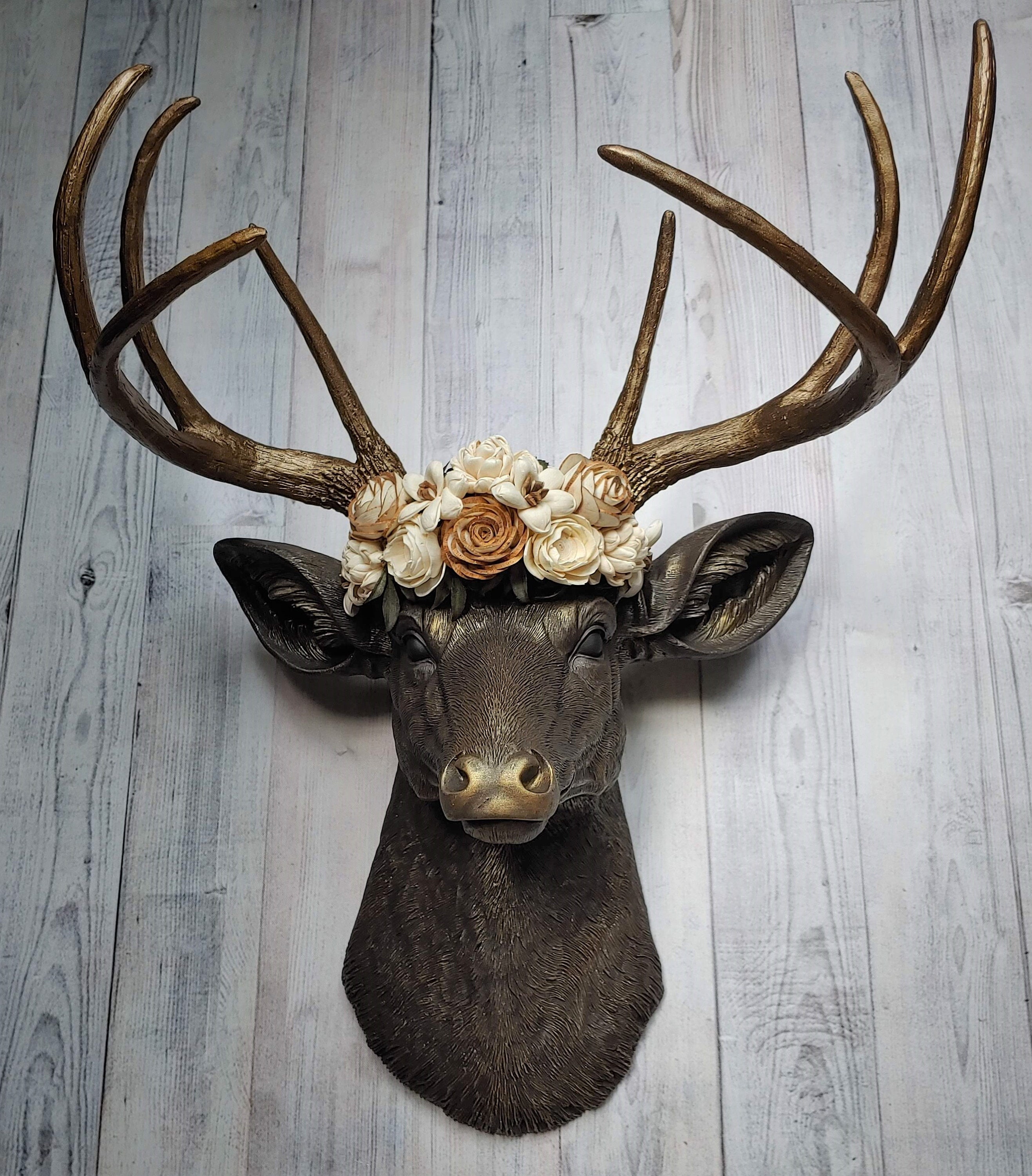 Faux Taxidermy Deer Head Wall Mount, Floral Crowned Stag Wall