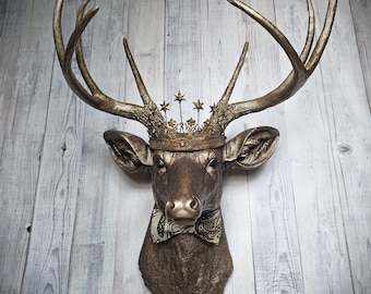 Faux Taxidermy Deer Head, Stag Head Wall Mount with Crown and Bow Tie