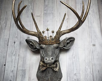 Faux Taxidermy Deer Head, Stag Head Wall Mount with Crown and Bow Tie