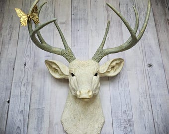 Faux Taxidermy Deer Head with Butterfly, Stag Wall Mount