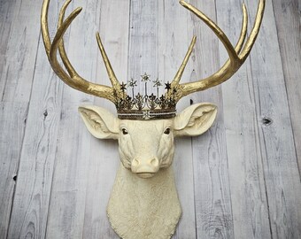 Faux Taxidermy Deer Head Wall Mount with Crown, Stag Art