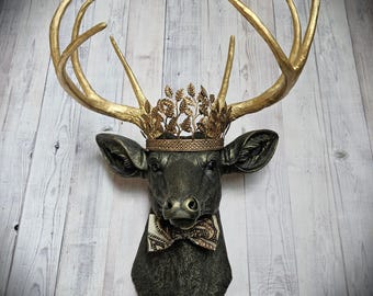 Faux Taxidermy Deer Head, Stag Head Wall Mount with Crown and Bow Tie