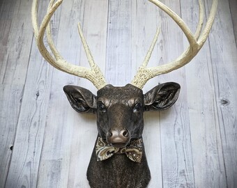 Faux taxidermy deer head wall mount, fake stag head, deer head with bow tie
