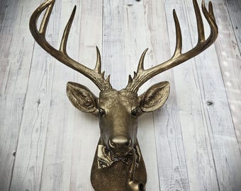 Faux Taxidermy Deer Head Wall Mount, Stag Head with Pipe and Bow Tie