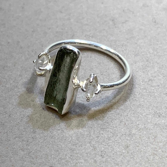 Moldavite ring (rough) w/ Herkimer Diamond, US si… - image 1