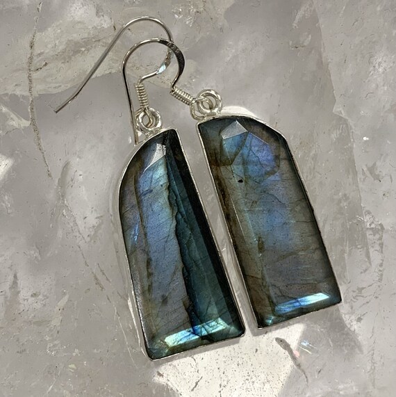 Labradorite earrings w solid crazy blue flash geo… - image 2