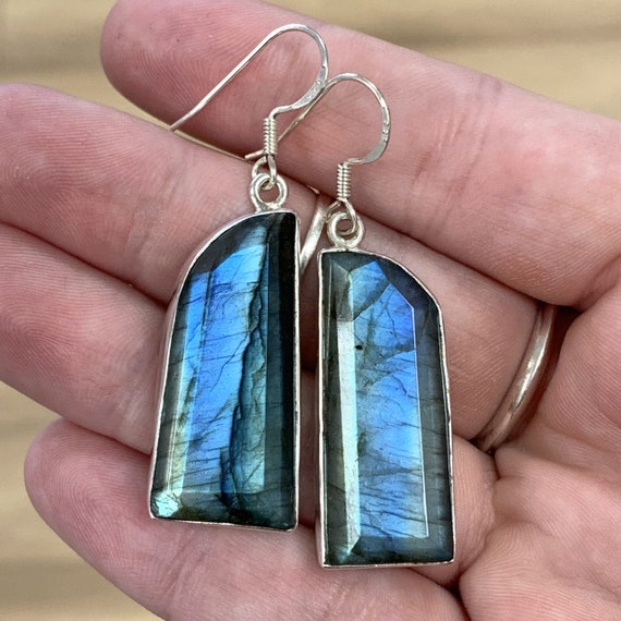 Labradorite earrings w solid crazy blue flash geo… - image 1