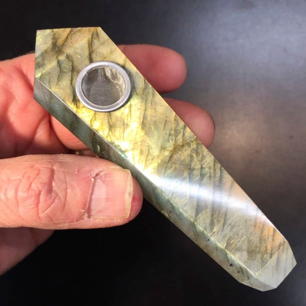 Labradorite (carving) pipe with golden, superior flash, healing crystal
