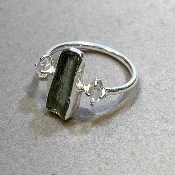 Moldavite ring (rough) w/ Herkimer Diamond, US si… - image 2