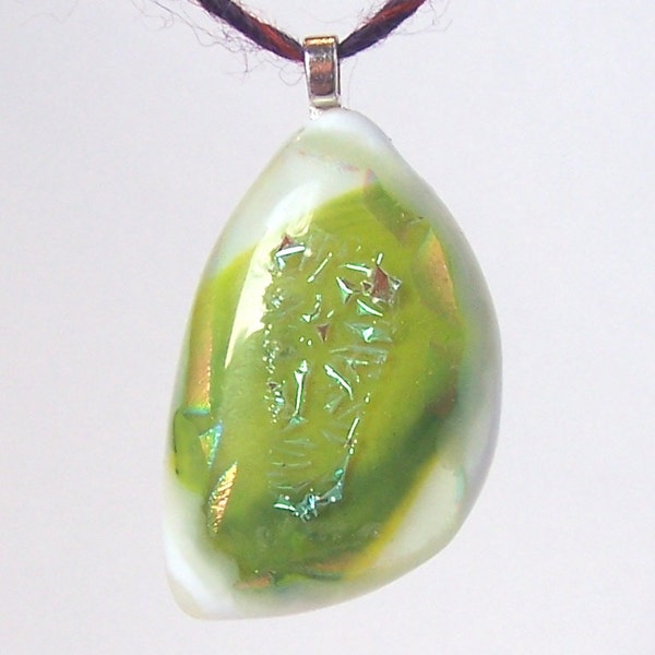 White and lemon lime green dichroic glass pendant with silver finish bail.