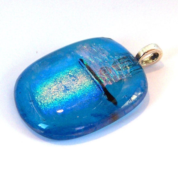 Aqua blue dichroic glass pendant.  Clear Aqua blue glass.  Dichroic glass necklace.  Blue iridescent rainbow dichroic glass pendant.