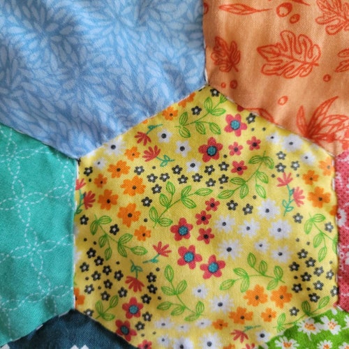 Handmade Hexie Quilt, Scrappy Hexagon applique, Bright Spring Summer LAP/BABY Blanket shops 43x45