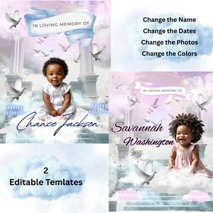May include: Two editable memorial templates with a heavenly theme. Each template features a child's image, doves, clouds, and the text "In Loving Memory Of." One template includes the name "Chance Jackson," the other "Savannah Washington."