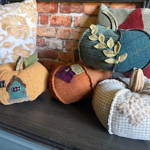 May include: A collection of handmade fabric pumpkins in various colors and patterns. One pumpkin is orange with a small house applique, another is teal with leaf accents, and a third is white with a houndstooth pattern.