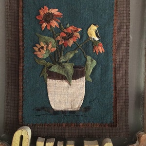 NEW wool applique pattern "Fall flowers and finch" is the third of my four season set.