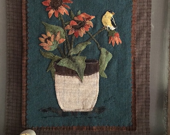 Wool applique pattern &quot;Fall flowers and finch&quot; is the third of my four season set.