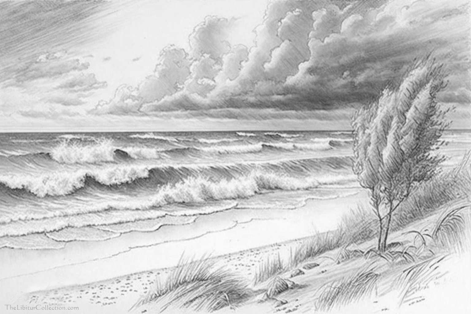 Vintage Coastal Ocean Seascape Landscape Pencil Sketch Beach Drawing Vintage Coastal Ocean Seascape Landscape Pencil Sketch Beach Drawing
