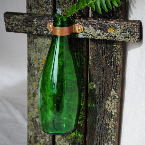 Wall decor vase or sconce, made from RECLAIMED park bench boards. VINTAGE bottle, COPPER hardware. Weathered patina sealed and preserved.