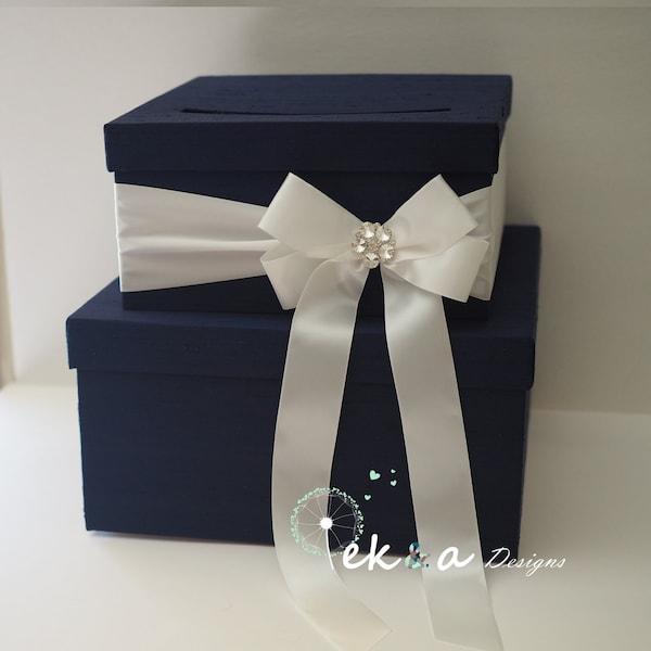 Wedding gift card box / Wedding card box / Wedding money box / Wedding card holder / Custom Wedding Card Box /2 Tier (Navy blue / White) bow