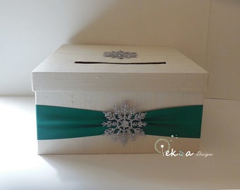 Wedding Gift Card Box / Winter Wedding card box / Wedding Money Box / 1 Tier Card Box (Ivory & Emerald) - Winter wedding , Snowflake