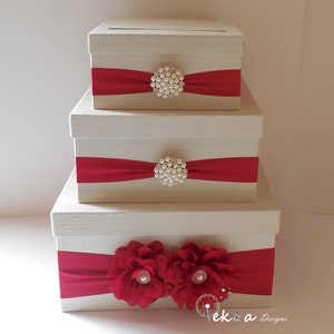 Wedding Card Box / Wedding Money Box / Wedding Card Holder / Wedding Gift Card Box / 3 Tier Card Box Ivory & Red winter wedding card box image 2