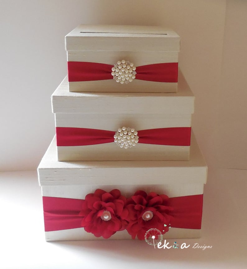 Wedding Card Box / Wedding Money Box / Wedding Card Holder / Wedding Gift Card Box / 3 Tier Card Box Ivory & Red winter wedding card box image 2