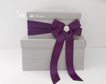 Wedding card box / money box / card holder / gift card box / 2 Tier (Silver/Light grey & Plum/Purple)