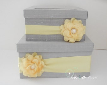 Wedding card holder / Wedding card box / money box / Wedding Gift Card Box / 2 Tier Card Box (Silver/Light Grey & Yellow)