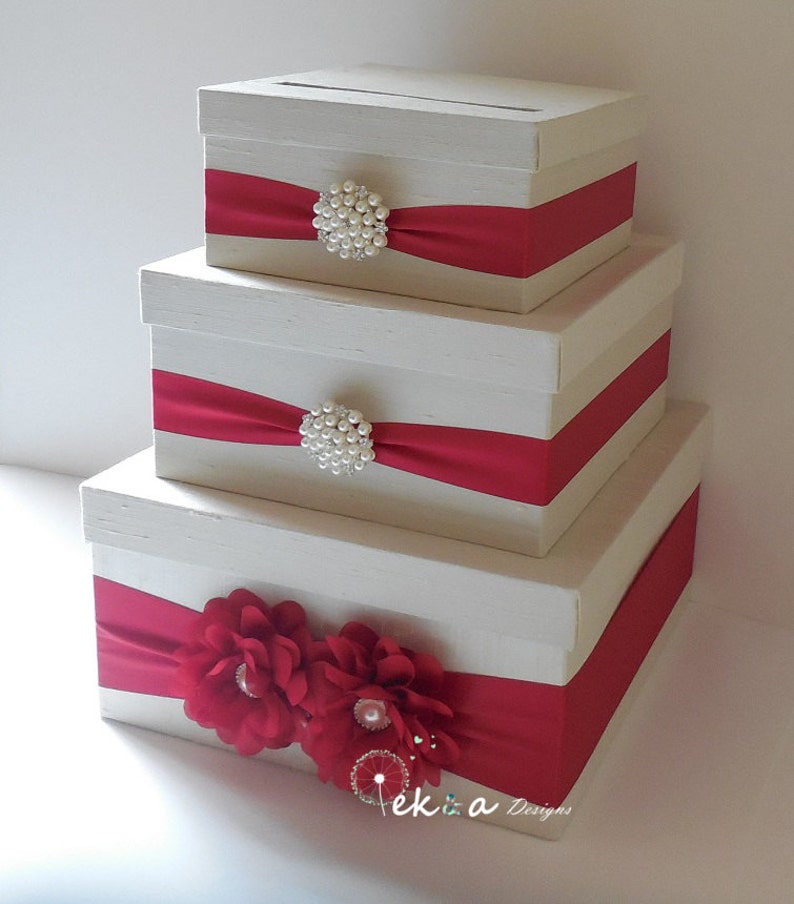 Wedding Card Box / Wedding Money Box / Wedding Card Holder / Wedding Gift Card Box / 3 Tier Card Box Ivory & Red winter wedding card box image 3