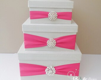 Wedding card box / money box / card holder / gift card box / 3 Tier (Ivory & Hot pink/Fuschia) - pearl rhinestone brooch