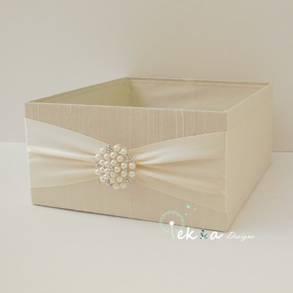 Wedding Program Box / Amenities Box / wedding Program Holder / Open Box / wedding Bubble box (Ivory & Ivory) - pearl rhinestone brooch