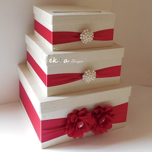 Wedding Card Box / Wedding Money Box / Wedding Card Holder / Wedding Gift Card Box / 3 Tier Card Box Ivory & Red winter wedding card box image 1