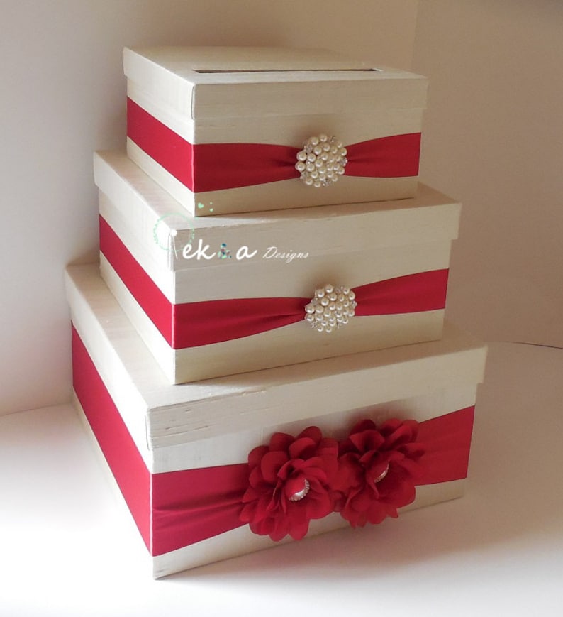 Wedding Card Box / Wedding Money Box / Wedding Card Holder / Wedding Gift Card Box / 3 Tier Card Box Ivory & Red winter wedding card box image 1