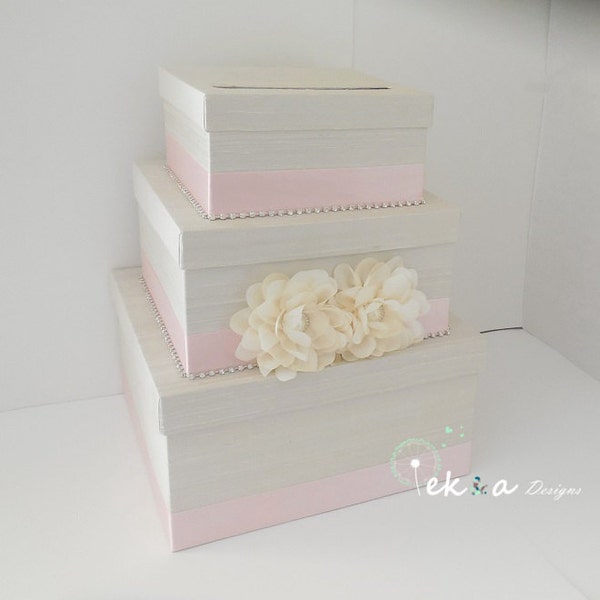 Wedding card box / wedding money box / wedding card holder / gift card box / 3 Tier (Ivory & Blush pink/Light pink) - rhinestone chains