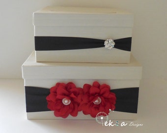 Wedding Card Box / Wedding Gift Card Box/ Wedding Money Box / Wedding Card Holder / 2 Tier (Ivory & Black / Red)